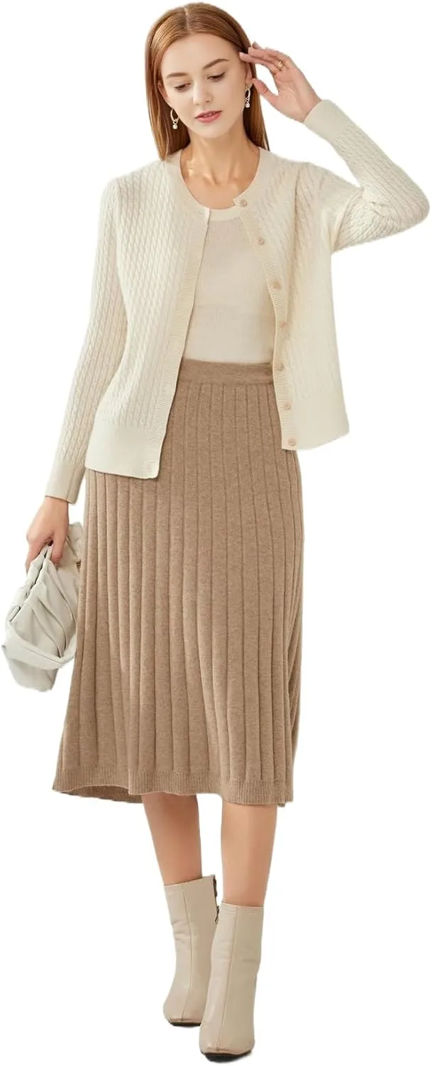 100% Cashmere Women's Cable Knit Cardigan Sweaters for Women Long Sleeve Crew Neck Warm Button Down