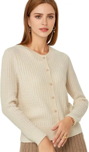 100% Cashmere Women's Cable Knit Cardigan Sweaters for Women Long Sleeve Crew Neck Warm Button Down