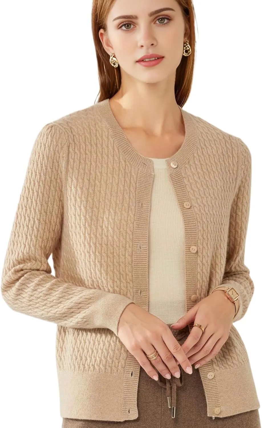 100% Cashmere Women's Cable Knit Cardigan Sweaters for Women Long Sleeve Crew Neck Warm Button Down