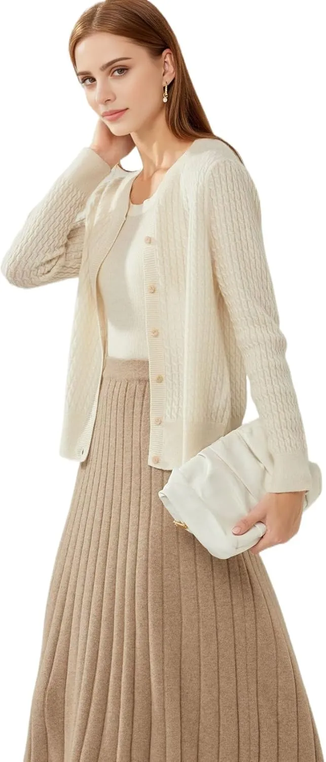 100% Cashmere Women's Cable Knit Cardigan Sweaters for Women Long Sleeve Crew Neck Warm Button Down