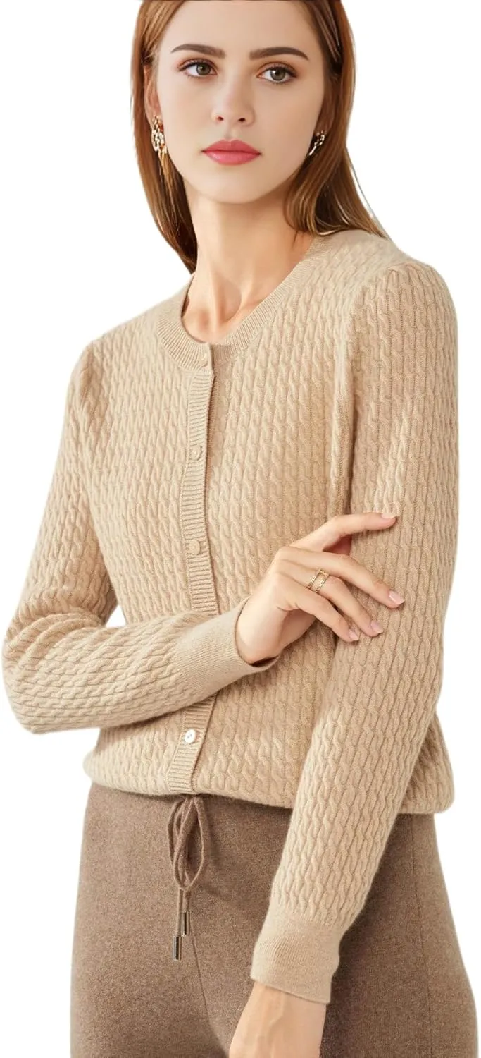 100% Cashmere Women's Cable Knit Cardigan Sweaters for Women Long Sleeve Crew Neck Warm Button Down