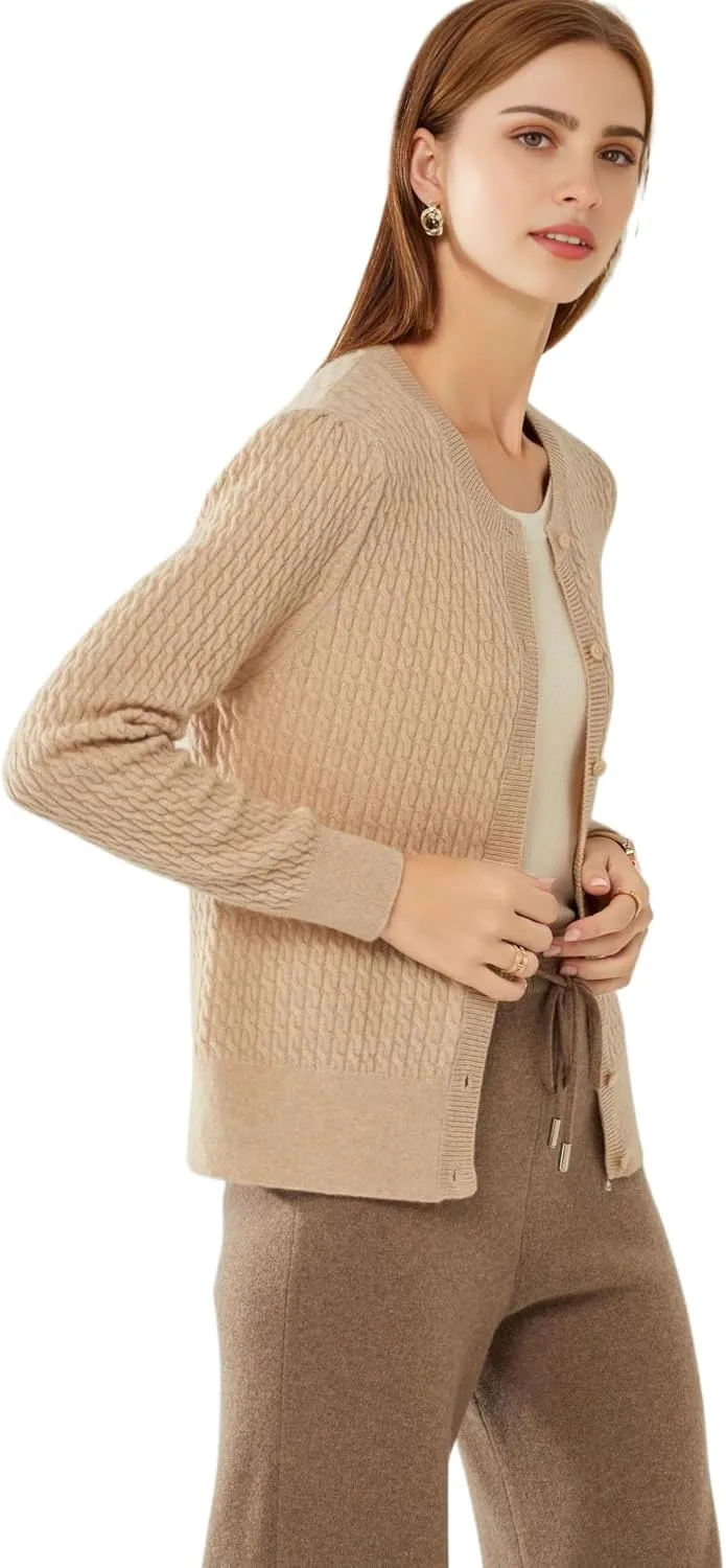 100% Cashmere Women's Cable Knit Cardigan Sweaters for Women Long Sleeve Crew Neck Warm Button Down