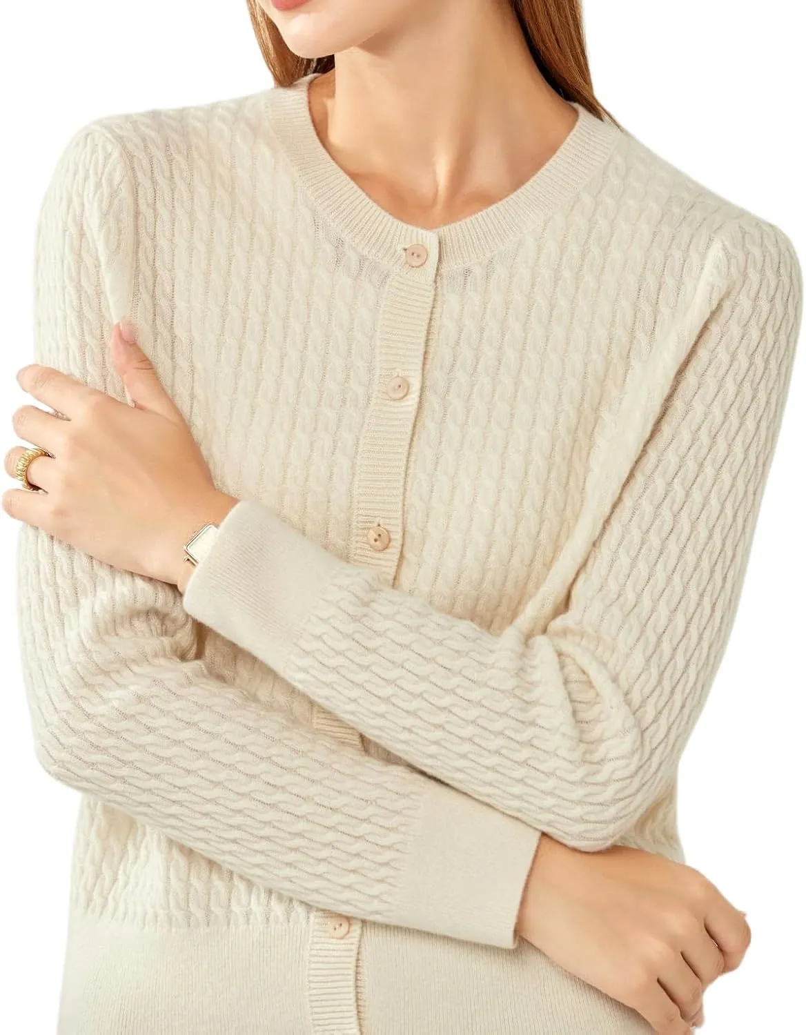 100% Cashmere Women's Cable Knit Cardigan Sweaters for Women Long Sleeve Crew Neck Warm Button Down