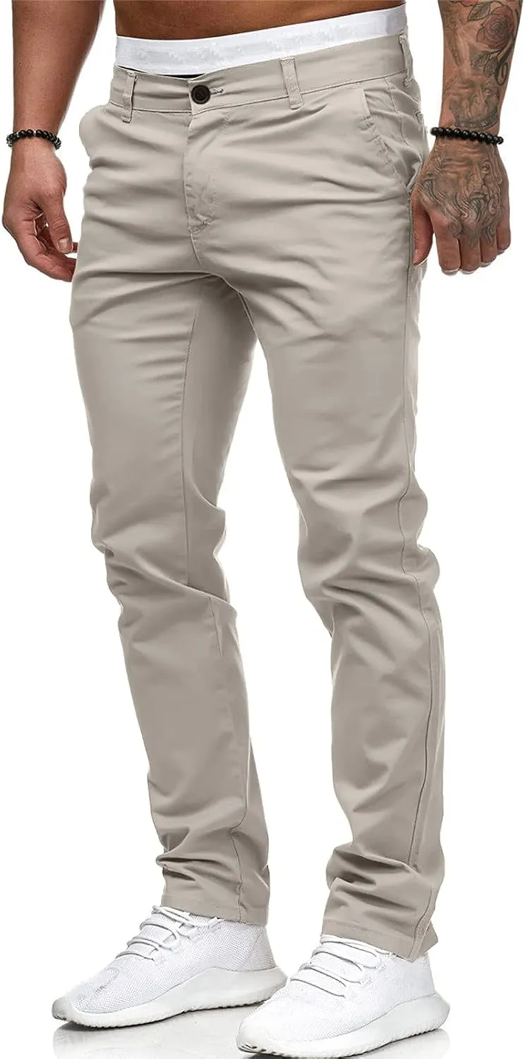 2021 Mens Chino Fit Flat Front Dress Pants Casual Cotton Jeans Slim Fit Skinny Stretchy Slacks Tapered Trousers