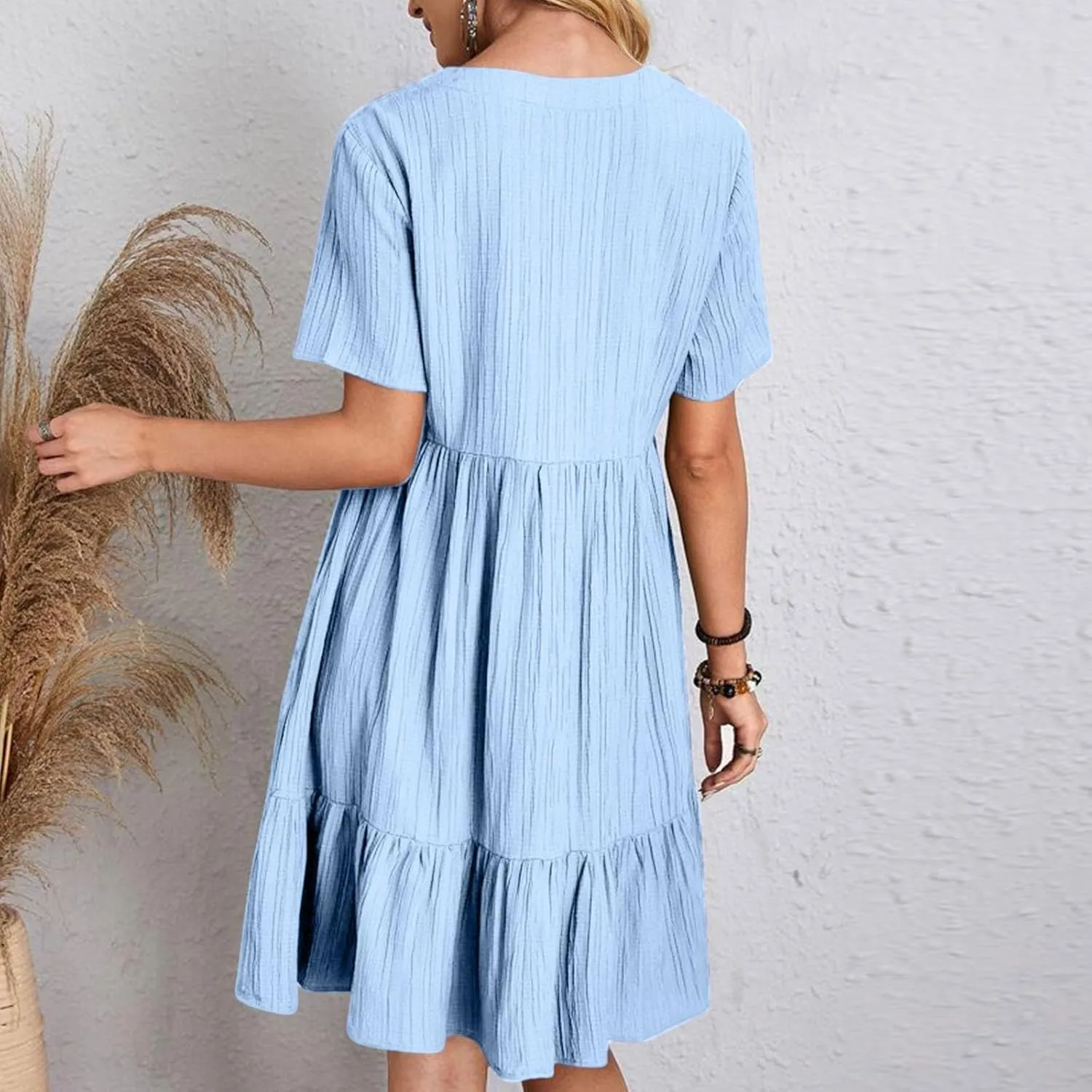 2025 Spring Dresses Women Casual Boho Petite Midi T Shirt Dresses Summer Short Sleeve V Neck Ruffle Hem Tiered Dress