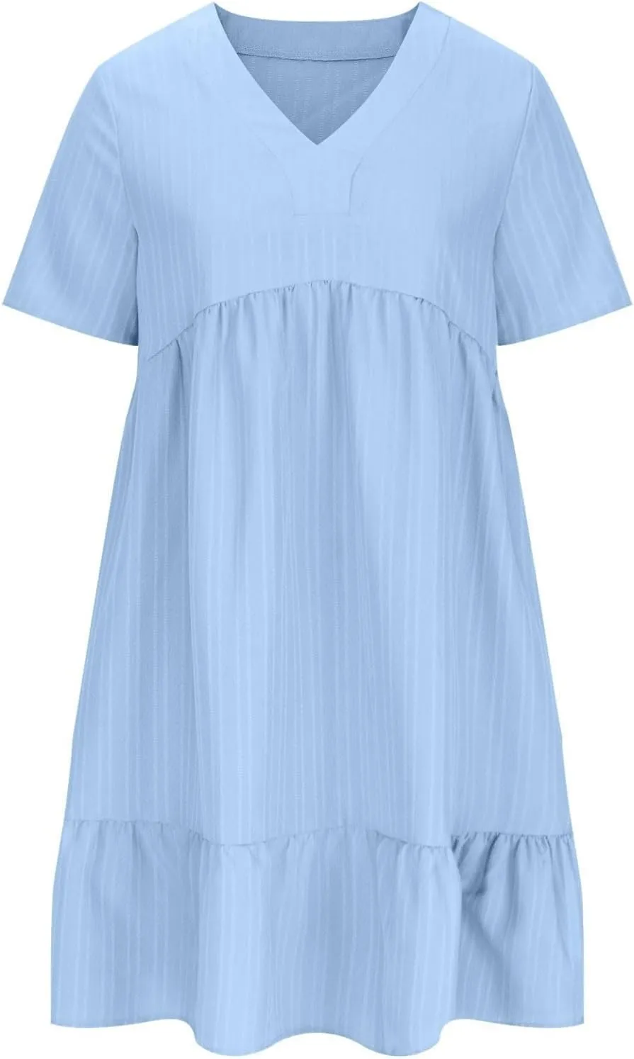 2025 Spring Dresses Women Casual Boho Petite Midi T Shirt Dresses Summer Short Sleeve V Neck Ruffle Hem Tiered Dress