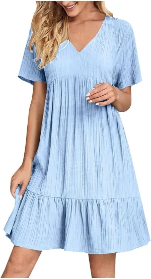 2025 Spring Dresses Women Casual Boho Petite Midi T Shirt Dresses Summer Short Sleeve V Neck Ruffle Hem Tiered Dress