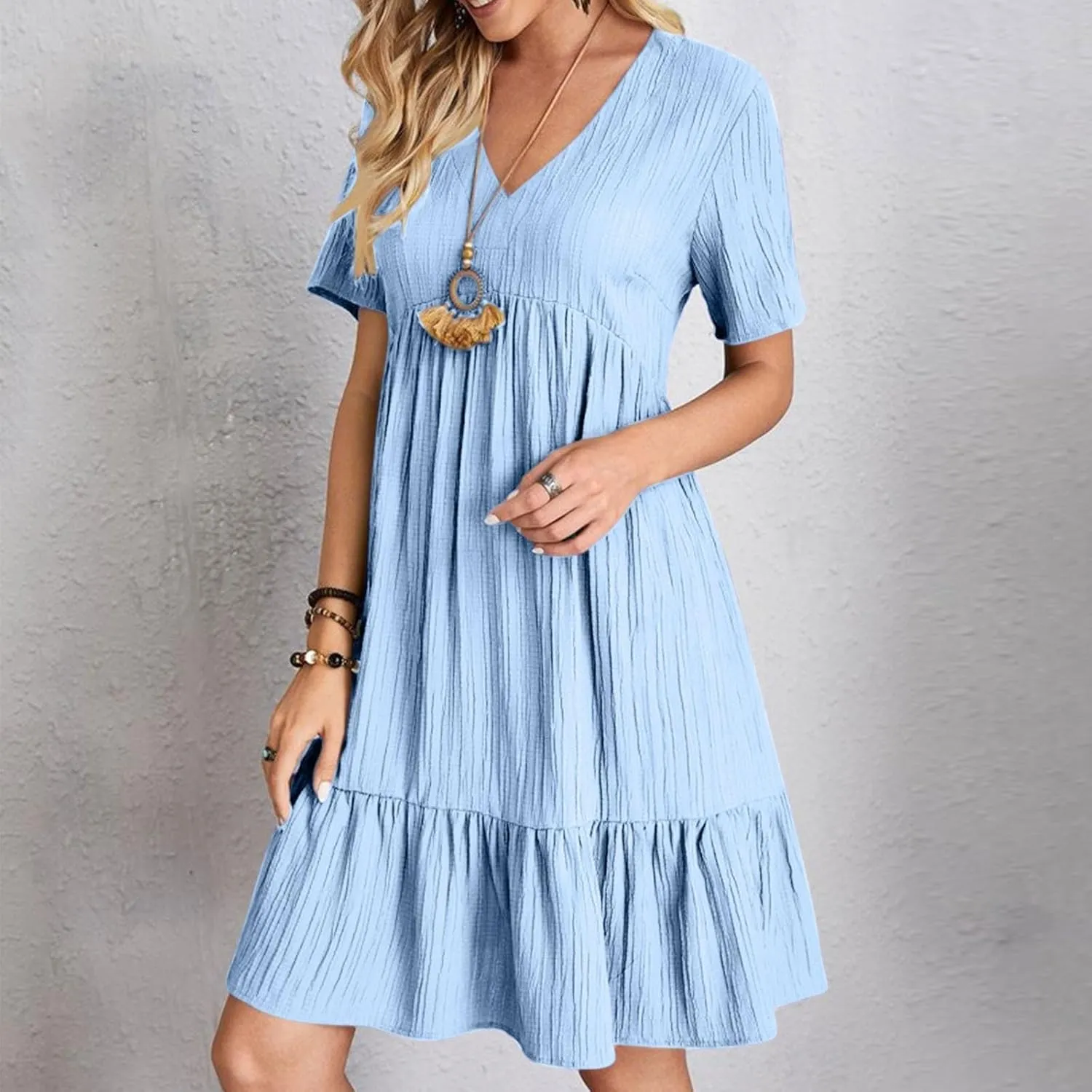 2025 Spring Dresses Women Casual Boho Petite Midi T Shirt Dresses Summer Short Sleeve V Neck Ruffle Hem Tiered Dress