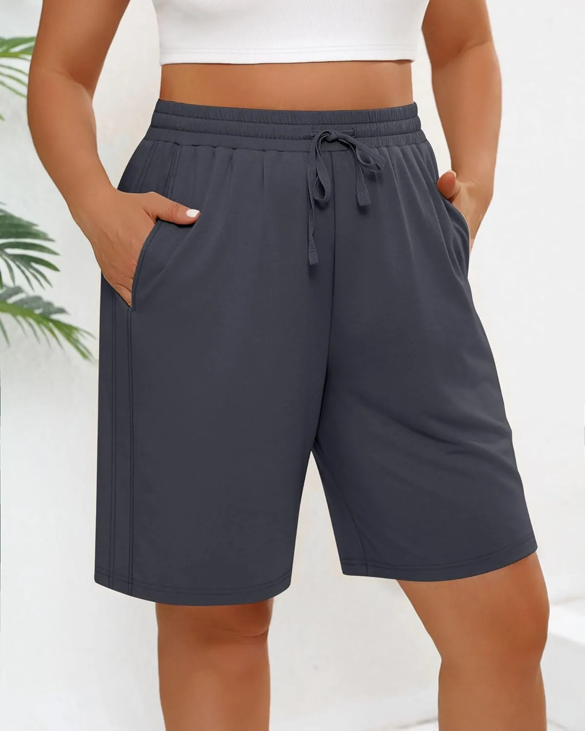 3 Pack Women's Plus Size Bermuda Shorts, Drawstring Elastic Waisted Bermuda Summer Casual Cotton Shorts with Pockets