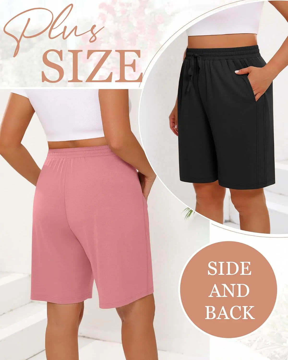 3 Pack Women's Plus Size Bermuda Shorts, Drawstring Elastic Waisted Bermuda Summer Casual Cotton Shorts with Pockets