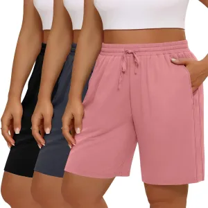3 Pack Women's Plus Size Bermuda Shorts, Drawstring Elastic Waisted Bermuda Summer Casual Cotton Shorts with Pockets
