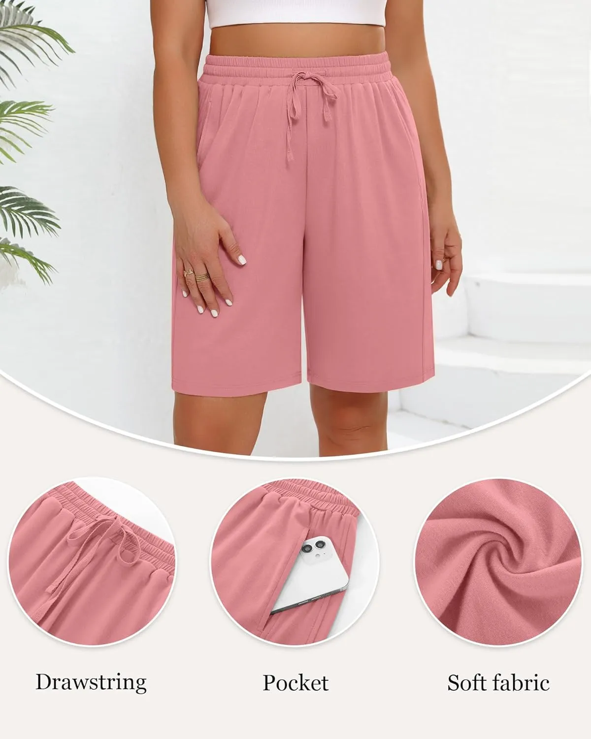 3 Pack Women's Plus Size Bermuda Shorts, Drawstring Elastic Waisted Bermuda Summer Casual Cotton Shorts with Pockets