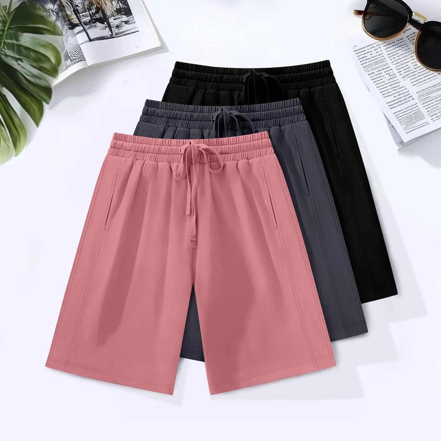 3 Pack Women's Plus Size Bermuda Shorts, Drawstring Elastic Waisted Bermuda Summer Casual Cotton Shorts with Pockets