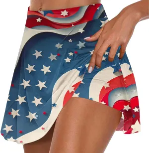 4th of July Skort Patriotic Skirts for Women American Flag Tennis Skirts with Shorts High Waisted Flowy Summer Skorts