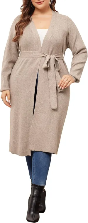 Agnes Orinda Plus Size Sweater Cardigan for Women Knit Sweater Long Sleeve Belted Overwear Long Cardigans Coat Winter
