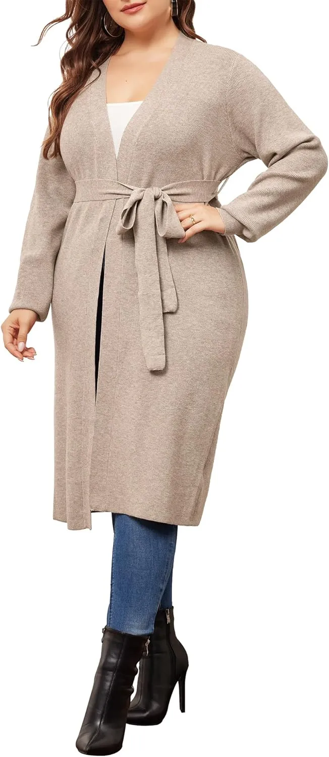 Agnes Orinda Plus Size Sweater Cardigan for Women Knit Sweater Long Sleeve Belted Overwear Long Cardigans Coat Winter