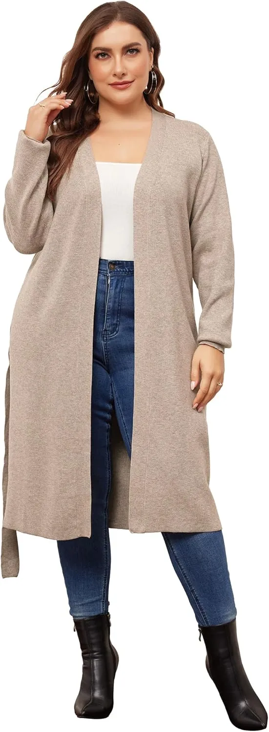 Agnes Orinda Plus Size Sweater Cardigan for Women Knit Sweater Long Sleeve Belted Overwear Long Cardigans Coat Winter