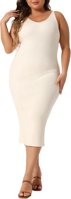Agnes Orinda Plus Size Sweater Dress for Women Sleeveless V Neck Ribbed Knit Bodycon Midi Sweater Cami Dresses