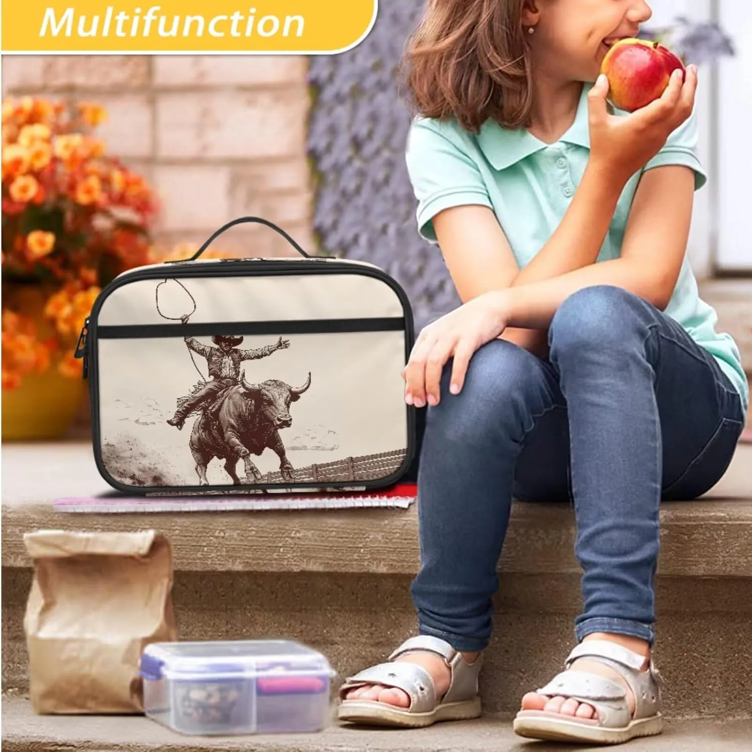 Agoviwo Cowboy Print Girls Backpack with Lunch Box Cute Bookbag Backpack Soft Casual Backpack with Portable Lunch Bag