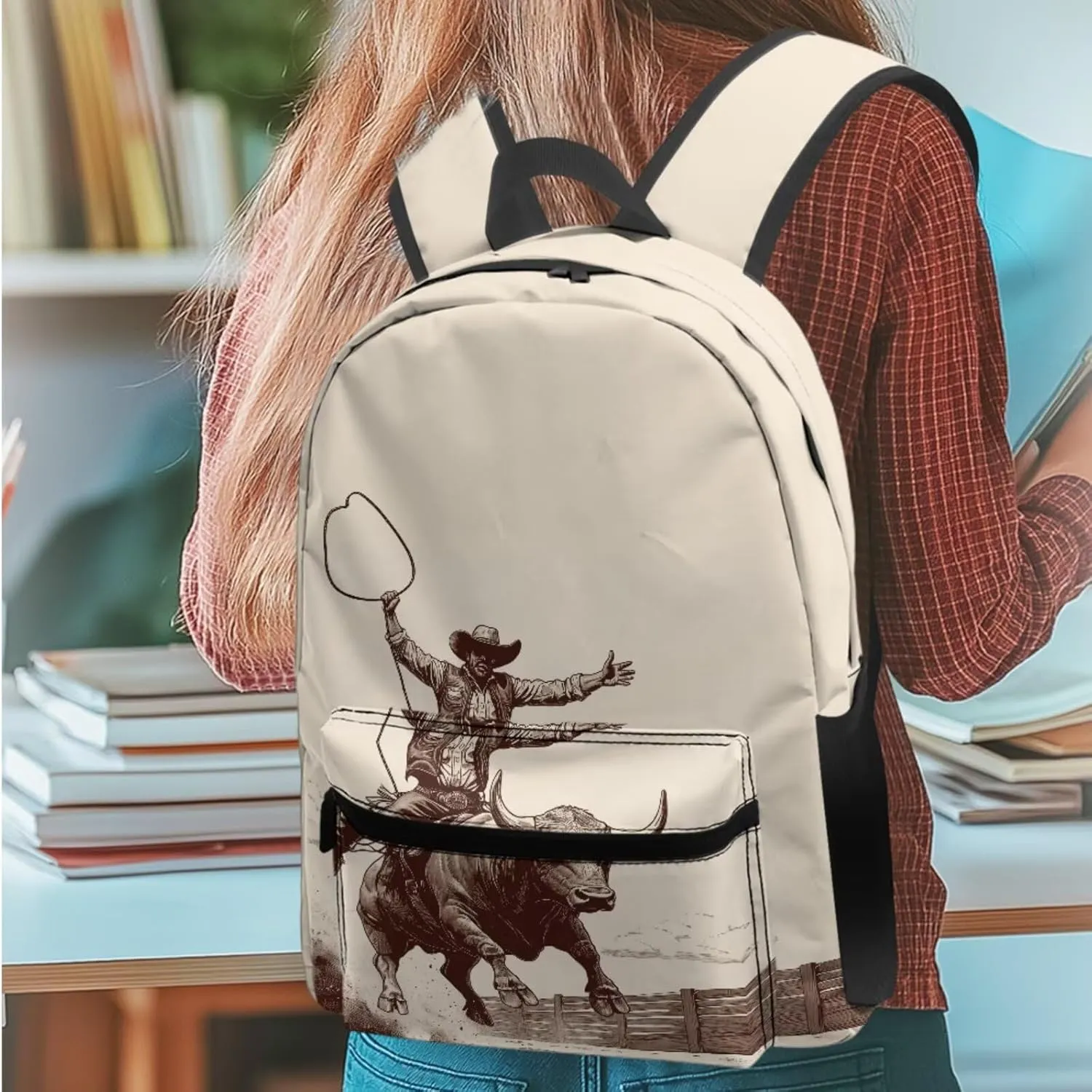 Agoviwo Cowboy Print Girls Backpack with Lunch Box Cute Bookbag Backpack Soft Casual Backpack with Portable Lunch Bag