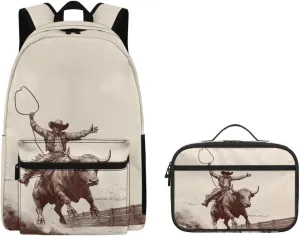 Agoviwo Cowboy Print Girls Backpack with Lunch Box Cute Bookbag Backpack Soft Casual Backpack with Portable Lunch Bag