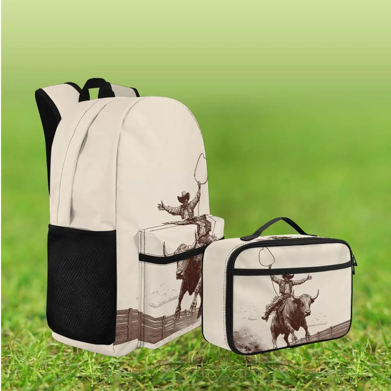Agoviwo Cowboy Print Girls Backpack with Lunch Box Cute Bookbag Backpack Soft Casual Backpack with Portable Lunch Bag
