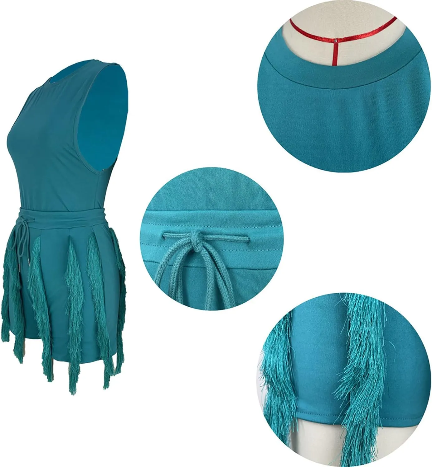 Aladeno Women 2 Piece Outfits Shorts Sets Sexy Solid Sleeveless Tops Fringe Tassel Shorts Jumpsuits Sweatsuit Clubwear