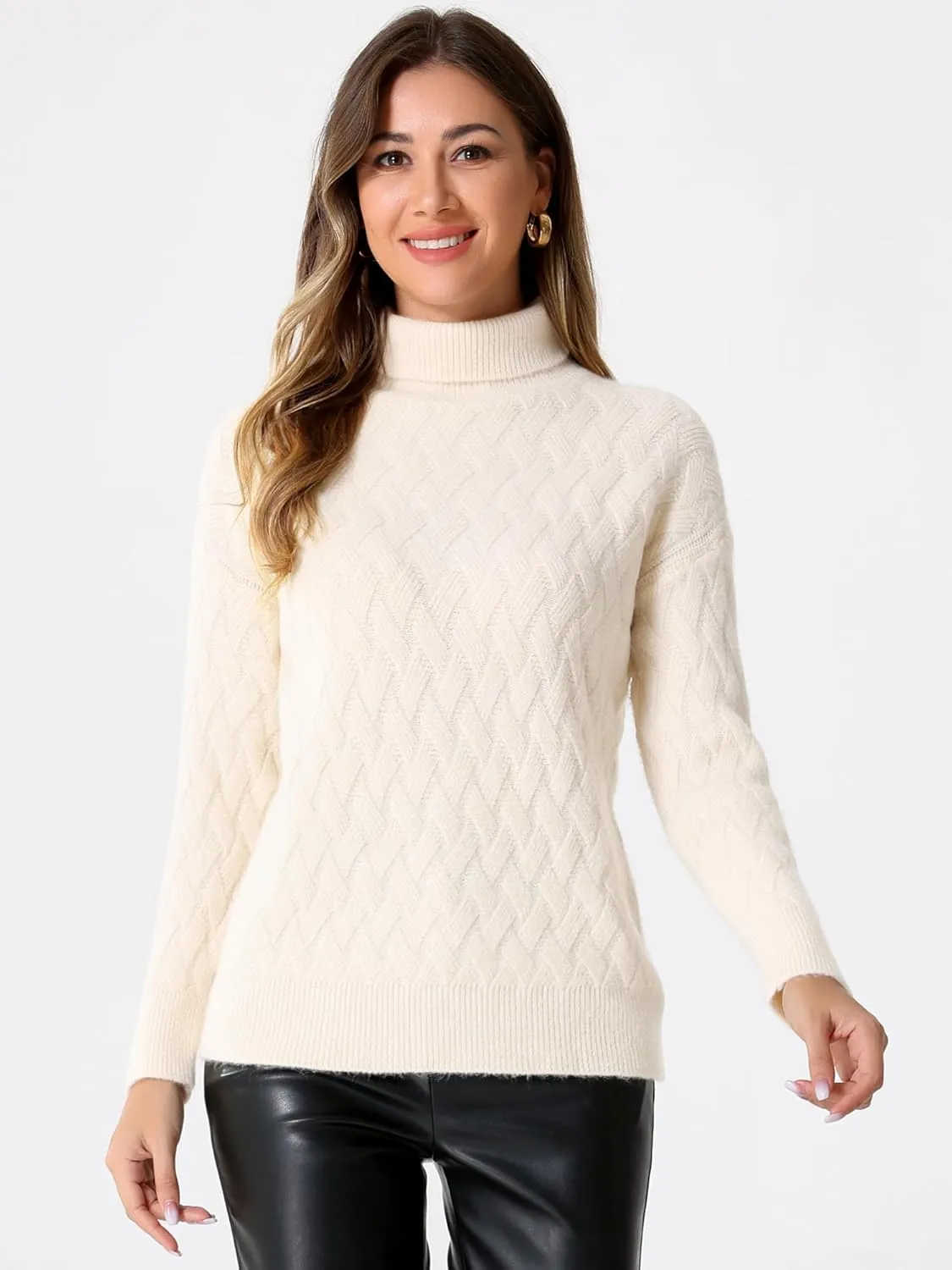 Allegra K Ribbed Sweater for Women's High Neck Long Sleeve Stretch Winter Knit Turtleneck Top