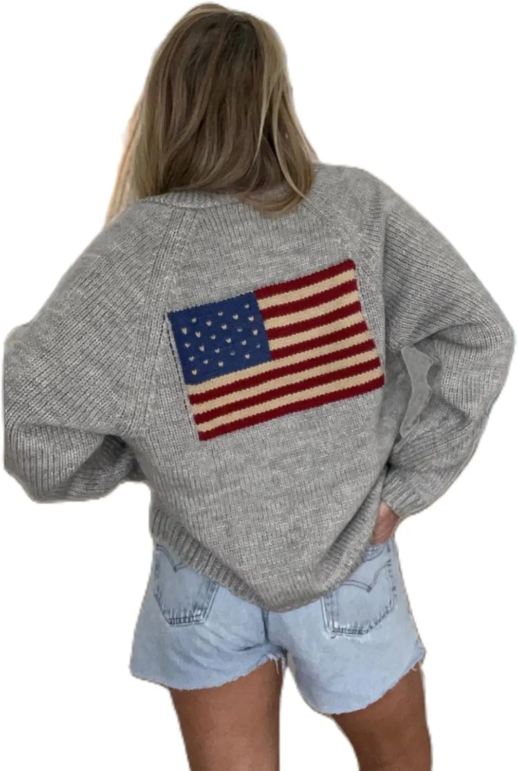 American Flag Knit Sweater Cardigan for Women USA Flag Star Stripe Print Open Front Vintage Knitwear Cardigans