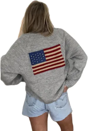 American Flag Knit Sweater Cardigan for Women USA Flag Star Stripe Print Open Front Vintage Knitwear Cardigans