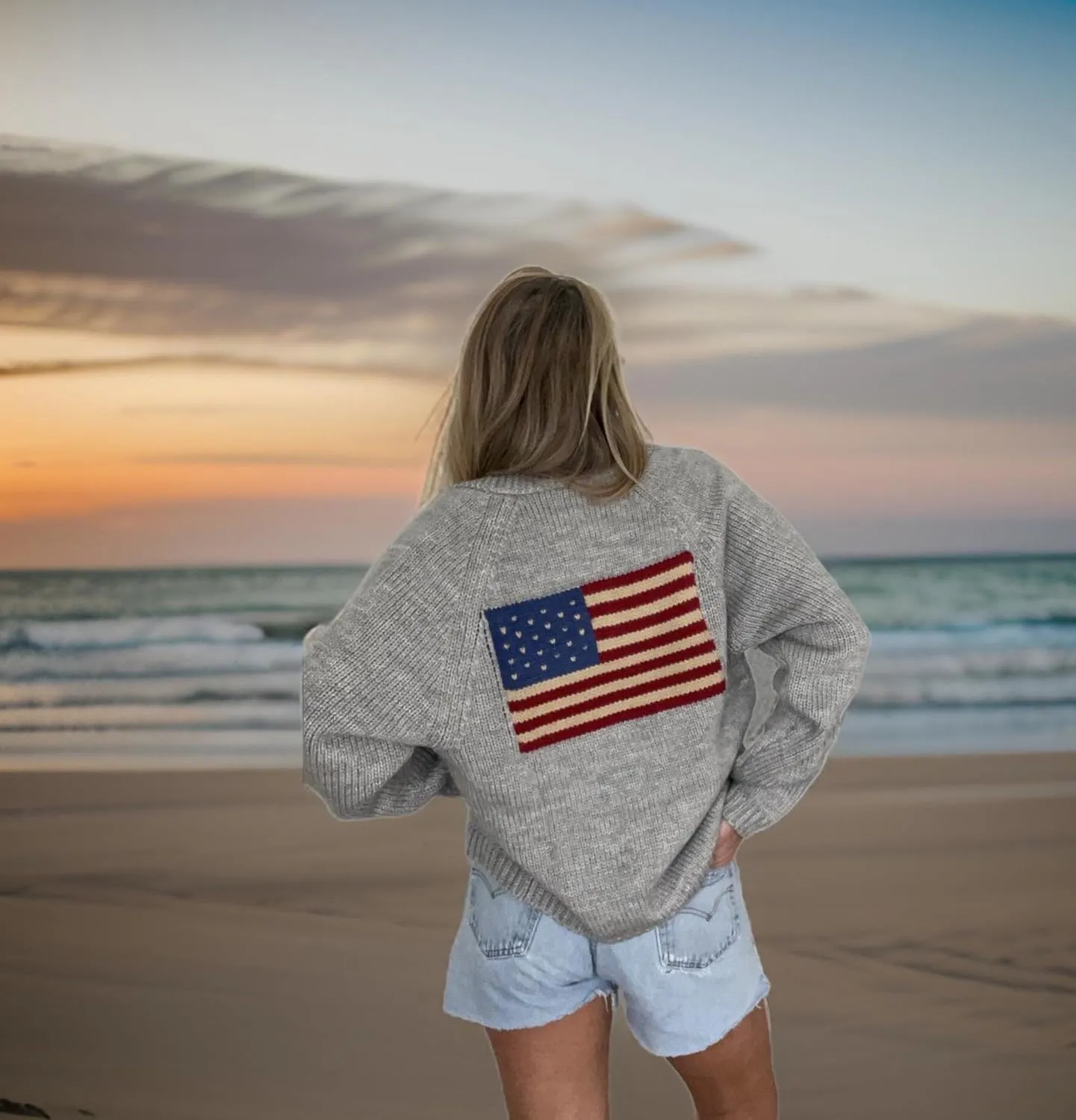 American Flag Knit Sweater Cardigan for Women USA Flag Star Stripe Print Open Front Vintage Knitwear Cardigans