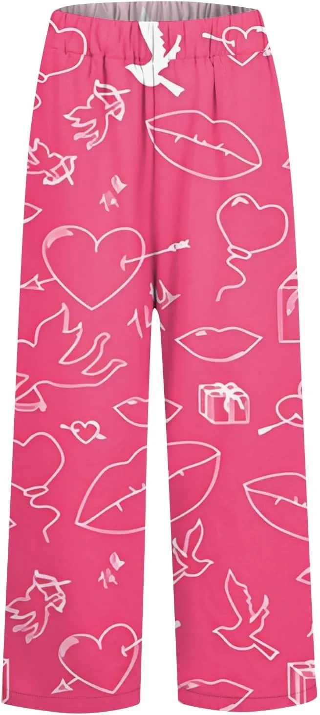 Ankle Linen Pants Women Fashion Valentine's Day Straight Leg Cropped Pants Elastic Waist Casual Lounge Trousers