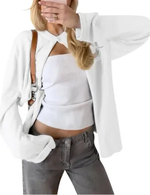 Arssm Womens One Button Cardigan Sweaters Crewneck Long Sleeve Sweater Open Front Knit Sweater Top