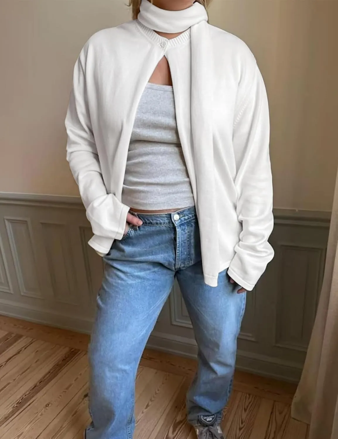 Arssm Womens One Button Cardigan Sweaters Crewneck Long Sleeve Sweater Open Front Knit Sweater Top