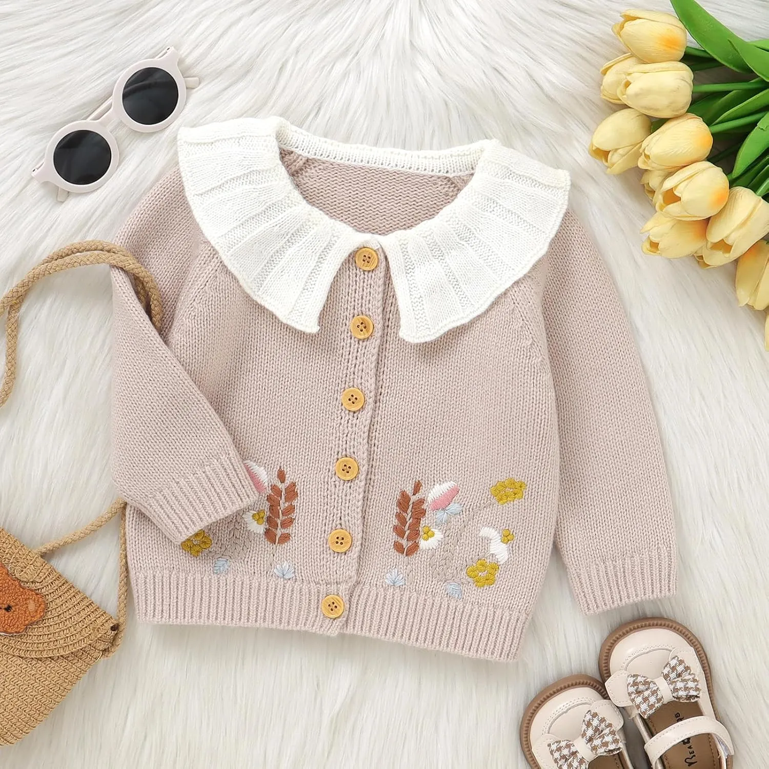 Baby Girl Cardigan Knit Sweater Animal Embroidery Chunky Coat Doll Collar Knitwear Toddler Infant Spring Clothes
