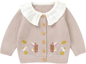 Baby Girl Cardigan Knit Sweater Animal Embroidery Chunky Coat Doll Collar Knitwear Toddler Infant Spring Clothes