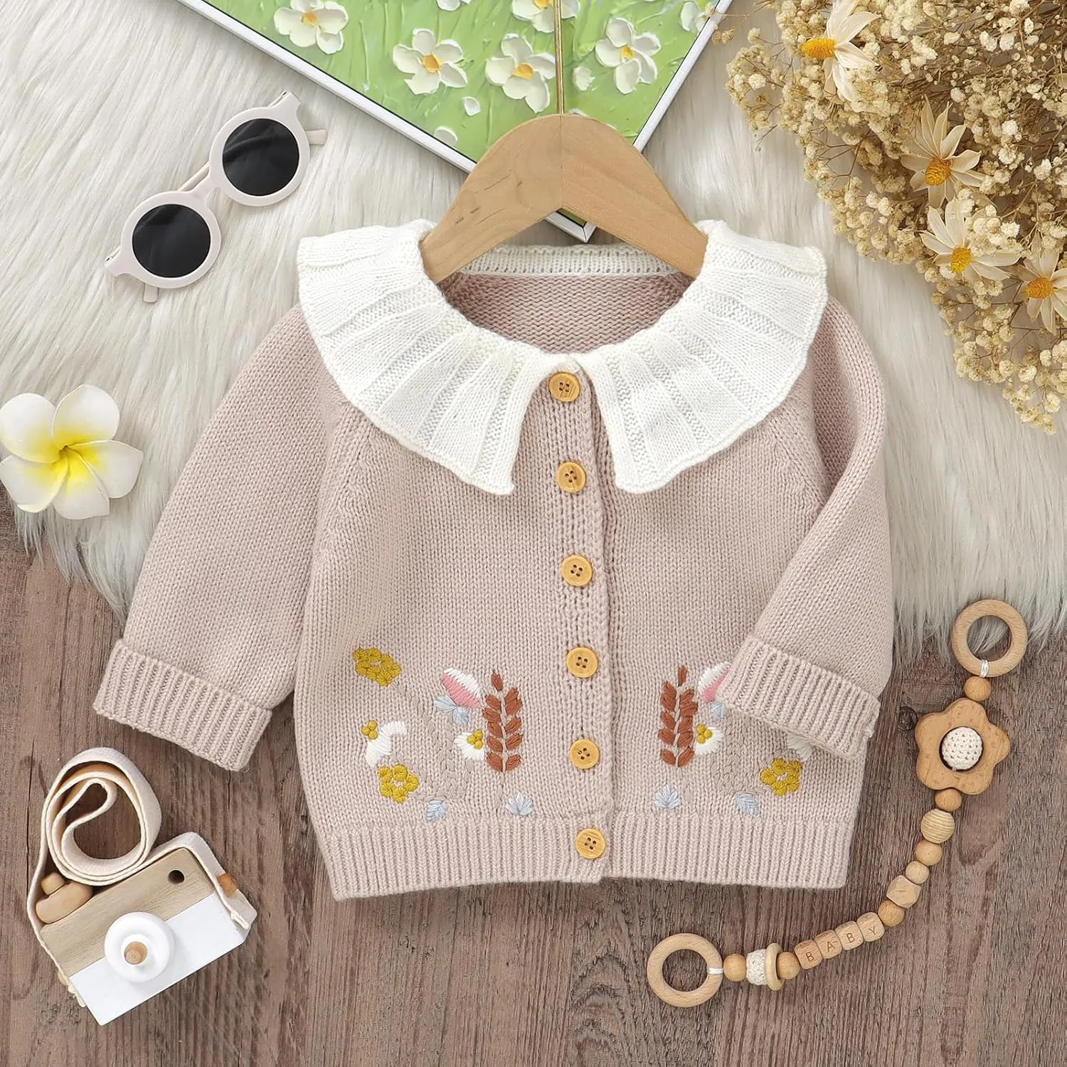 Baby Girl Cardigan Knit Sweater Animal Embroidery Chunky Coat Doll Collar Knitwear Toddler Infant Spring Clothes