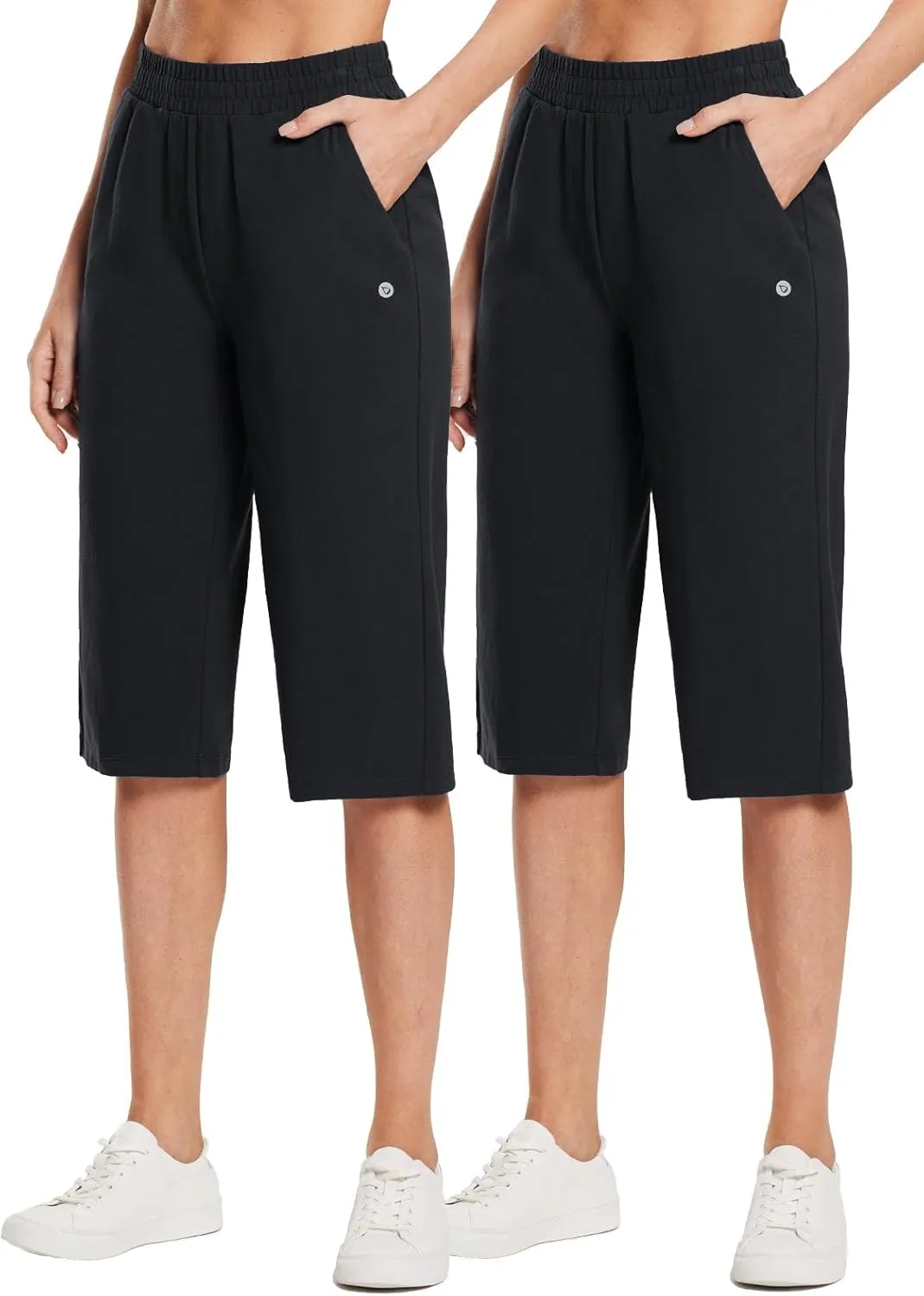 baleaf Women's 15"/17" Cotton Long Shorts Below The Knee with Pockets Drawstring Walking Bermuda Shorts Yoga Capri Pants