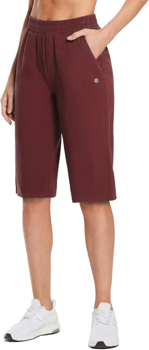baleaf Women's 15"/17" Cotton Long Shorts Below The Knee with Pockets Drawstring Walking Bermuda Shorts Yoga Capri Pants