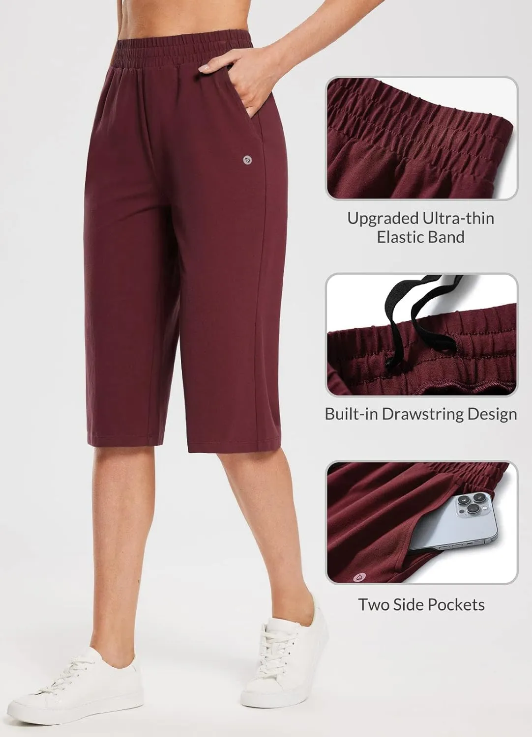 baleaf Women's 15"/17" Cotton Long Shorts Below The Knee with Pockets Drawstring Walking Bermuda Shorts Yoga Capri Pants