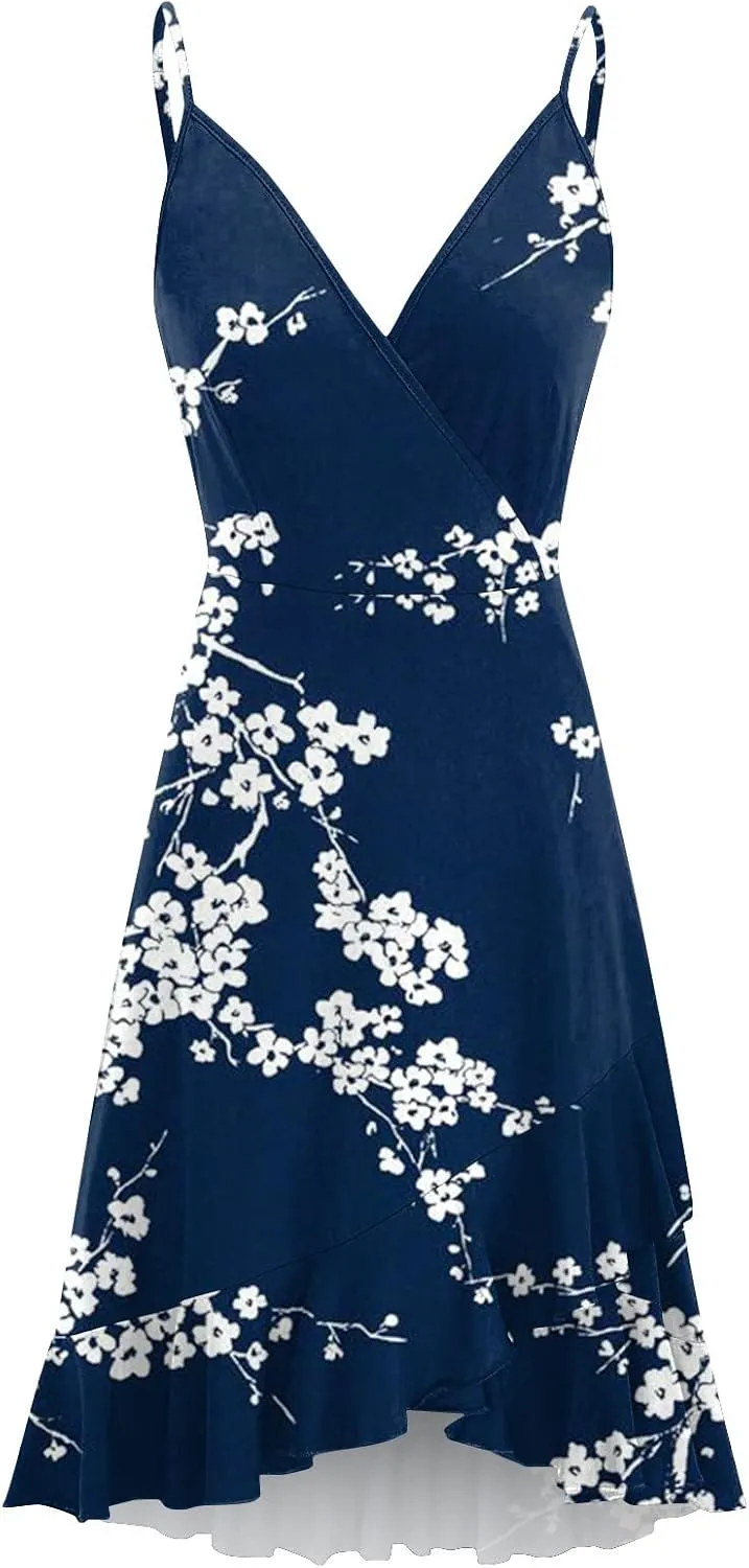 BAXLIMEK Party Dresses for Women,2025 Spring Summer Elegant V Neck Spaghetti Strap Sundress Flowy Ruched Ruffle Mini Dress
