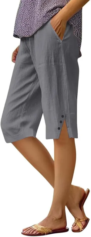 Bermuda Shorts for Women Wide Leg Linen Knee Length Summer Casual Long Shorts Loose High Waisted Short with Pockets