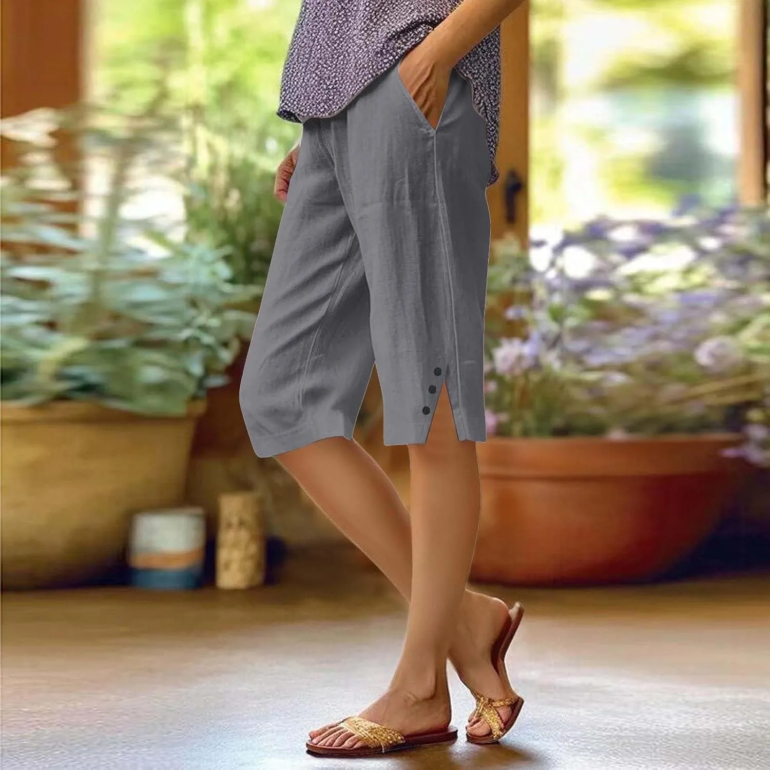 Bermuda Shorts for Women Wide Leg Linen Knee Length Summer Casual Long Shorts Loose High Waisted Short with Pockets