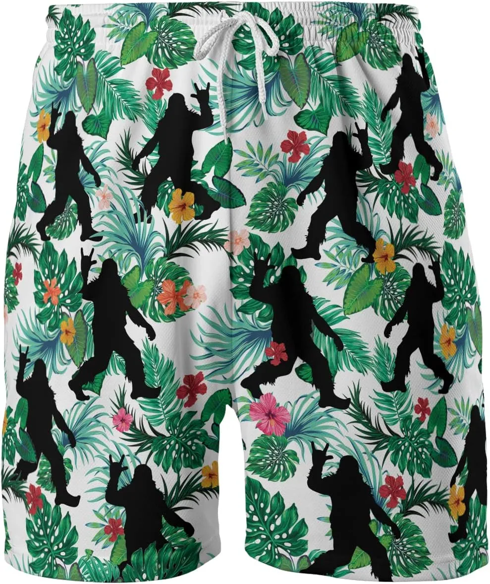 Bigfoot Men's Quick Dry - Sasquatch Hawaiian Shorts for Men - Beach Shorts Swim Trunks Set 14 (TND-LN-14)