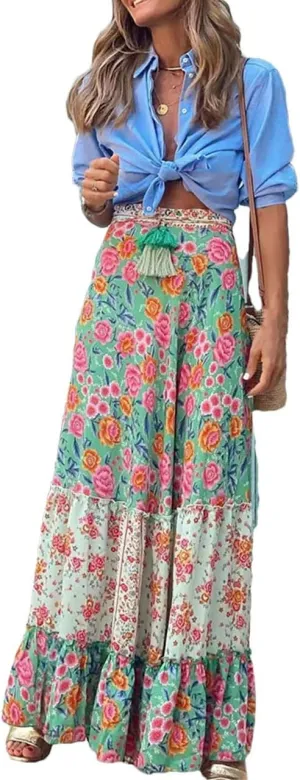 Boho Floral Print Skirts Women Summer High Waist A-Line Pleated Long Skirts Casual Holiday Beach Skirt