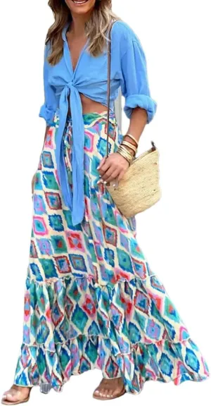 Boho Floral Print Skirts Women Summer High Waist A-Line Pleated Long Skirts Casual Holiday Beach Skirt