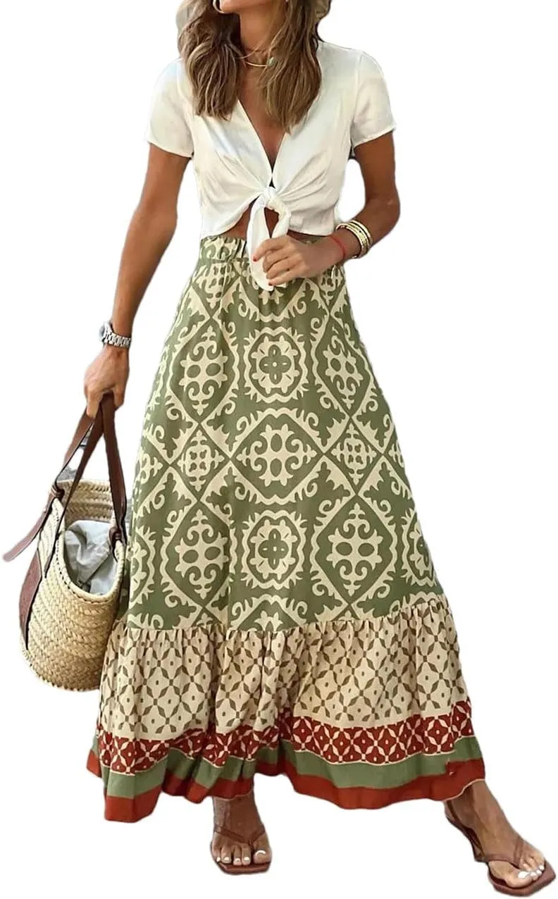 Boho Floral Print Skirts Women Summer High Waist A-Line Pleated Long Skirts Casual Holiday Beach Skirt