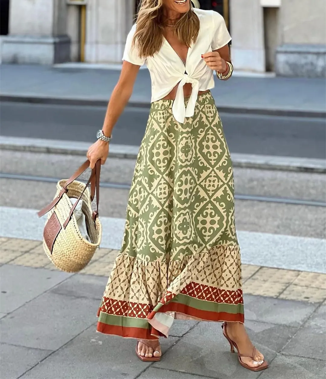 Boho Floral Print Skirts Women Summer High Waist A-Line Pleated Long Skirts Casual Holiday Beach Skirt