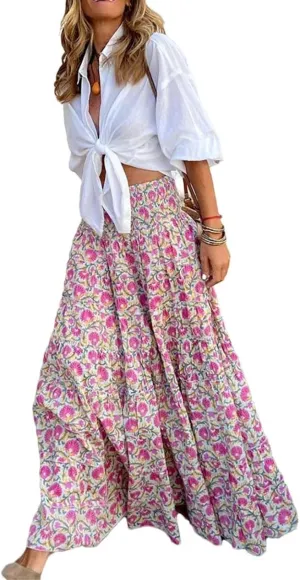 Boho Floral Print Skirts Women Summer High Waist A-Line Pleated Long Skirts Casual Holiday Beach Skirt