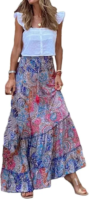Boho Floral Print Skirts Women Summer High Waist A-Line Pleated Long Skirts Casual Holiday Beach Skirt